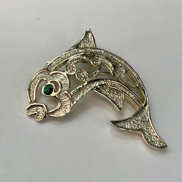 Vintage Gerrys Fish Brooch Pin Green Rhinestone Eye Accents Silver Tone MCM - Picture 2 of 7